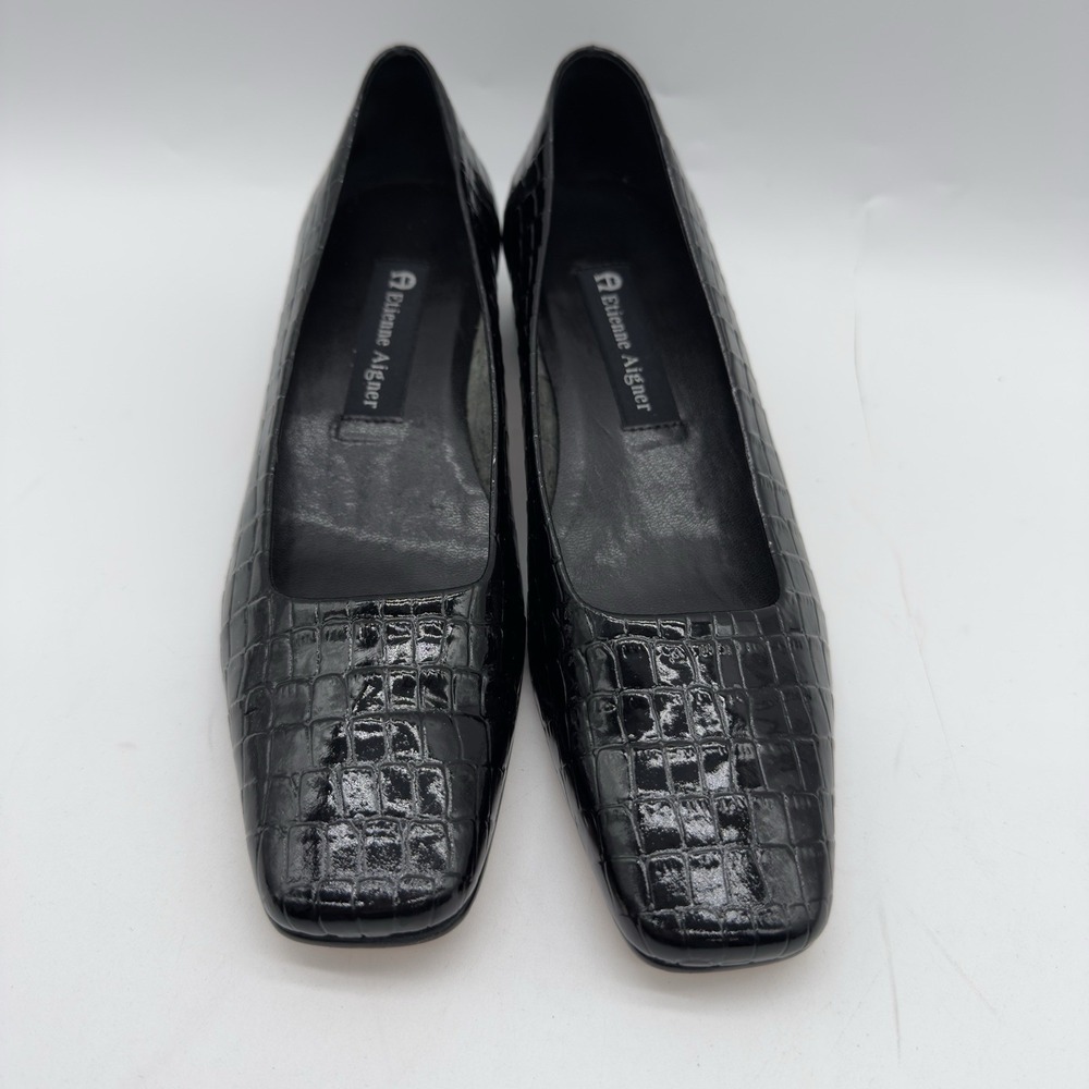 Etienne Aigner Vintage Twiggy I Black Patent Croc. Leather Block Heel Size 6.5M - Picture 3 of 13